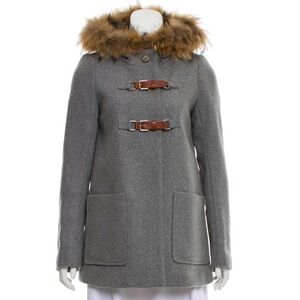 Maje Alenxia Buckle Wool Fur Trim Hooded Duffel Pea Coat Gray Sz 38 M